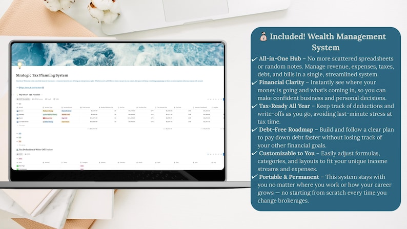 K&ouml;nnte beinhalten: Ein Laptop zeigt eine "Strategic Tax Planning System"-Oberfl&auml;che mit Finanzdaten. Der Bildschirm befindet sich vor einem hellen Hintergrund mit Text, der ein Verm&ouml;gensverwaltungssystem beschreibt, einschlie&szlig;lich Funktionen wie finanzielle Klarheit und einem schuldenfreien Fahrplan.