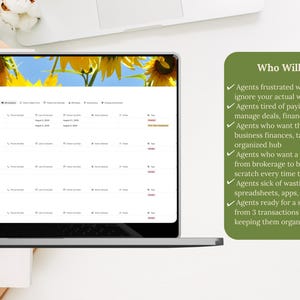K&ouml;nnte beinhalten: Ein Laptop mit einer CRM-Oberfl&auml;che und einem Sonnenblumen-Hintergrund. Eine gr&uuml;ne Box auf der rechten Seite listet Funktionen f&uuml;r Agenten auf, einschlie&szlig;lich Workflow-Management und organisierter Finanzen. Der Laptop steht auf einer hellen Oberfl&auml;che.
