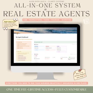 May include: A computer monitor displaying a digital dashboard titled My Agent Dashboard for real estate agents. The screen shows CRM, transaction, and task management tools. Text includes All-in-One System for Real Estate Agents and More Than a CRM.