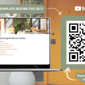 K&ouml;nnte beinhalten: Ein Laptop zeigt die Vorlage "Aligned Agent Success Suite". Auf der rechten Seite befindet sich ein QR-Code mit dem Text "Scan to watch on YouTube". Das Bild enth&auml;lt auch die Logos von YouTube und Notion sowie den Text "Preview the template before you buy."
