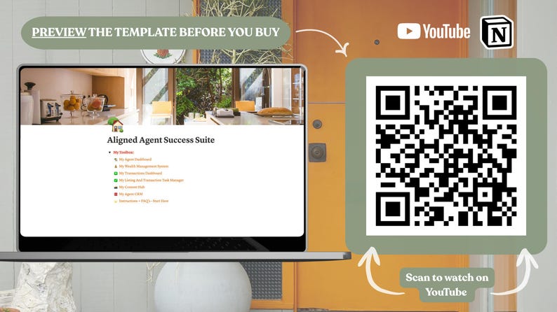 K&ouml;nnte beinhalten: Ein Laptop zeigt die Vorlage "Aligned Agent Success Suite". Auf der rechten Seite befindet sich ein QR-Code mit dem Text "Scan to watch on YouTube". Das Bild enth&auml;lt auch die Logos von YouTube und Notion sowie den Text "Preview the template before you buy."