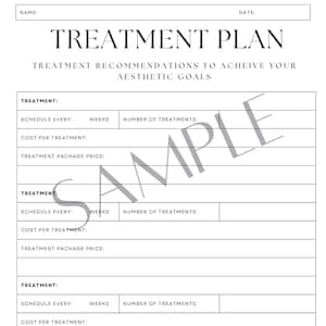 May include: A white treatment plan template with a dark blue header that reads "TREATMENT PLAN". The template includes sections for treatment details, schedule, and cost. A watermark of the word "SAMPLE" is visible.