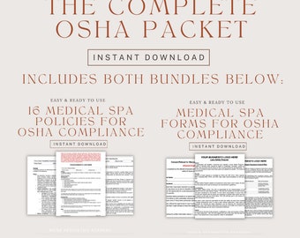 May include: A digital download for 16 medical spa policies and forms for OSHA compliance. The document includes the text "Instant Download" and "Your Business Logo Here".