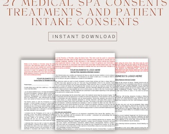 May include: A digital download of 27 medical spa consent forms for treatments and patient intake. The forms are ready to use and include a space for your business logo. The text on the image reads "Easy & Ready to Use", "27 Medical Spa Consents", "Treatments and Patient Intake Consents", "Instant Download", "Your Business's Logo Here", and "Bris Aesthetics Academy".