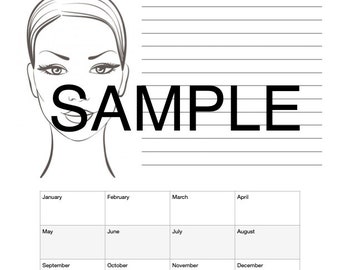 May include: A black and white line drawing of a woman's face with a blank calendar grid below. The calendar grid is labeled with the months of the year.