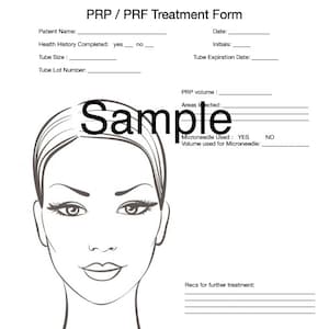 Op de afbeelding: Een zwart-witte lijntekening van een vrouwen gezicht op een wit formulier met de titel "PRP/PRF Treatment Form". Het formulier heeft velden voor de naam van de patiënt, de medische geschiedenis, de buisgrootte, het buislotnummer, het PRP-volume, de behandelde gebieden, het gebruik van microneedles, het volume dat voor microneedles is gebruikt en aanbevelingen voor verdere behandeling.