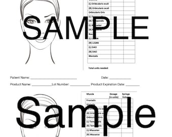 May include: A black and white line drawing of a face with a chart listing muscles and dosage units for a neurotoxin treatment plan. The chart includes muscles such as Frontalis, Glabella, Orbicularis Oculi, Orbicularis Oris, Temporalis, Masseter, Nasalis, DAO, and Mentalis.