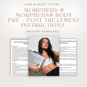 Peut inclure: Image d'une femme tenant une mallette argentée avec le texte "MORPHEUS 8" et des instructions de traitement pré et post. Le texte comprend des conseils de suivi, comme éviter l'activité physique intense et appliquer un écran solaire.