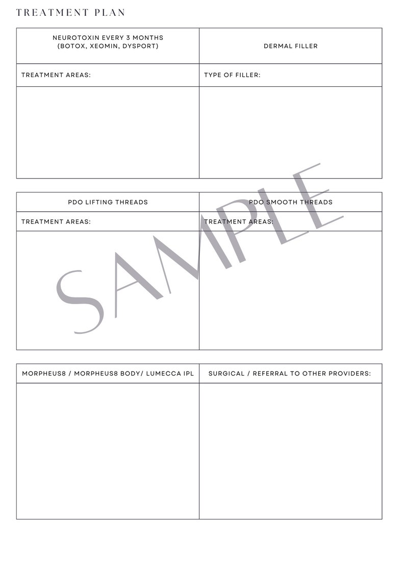 Client Treatment Plan,  Consult Form, Medical Aesthetics, Medical Spa,  Medspa, Aesthetic Nurse Injector, Aesthetic Injector, Nurse Injector, Spa, Treatment Plan, Aesthetic Client, Botox, Filler, PDO Threads, Morpheus8, IPL, Microneedling