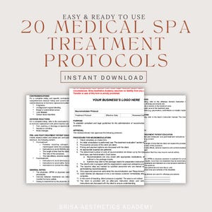 May include: A printable document with a pink and white background, titled "20 Medical Spa Treatment Protocols" with the text "Easy & Ready to Use" and "Instant Download". The document includes a section titled "Contraindications" and a section titled "Neuromodulator Protocol".