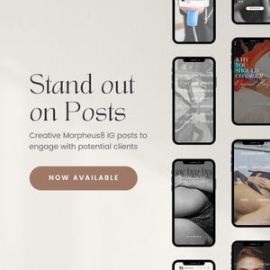 Peut inclure: Une mosaïque d'écrans de téléphone présentant des publications Instagram créatives pour un traitement Morpheus8. Le texte "Stand out on Posts" et "Creative Morpheus8 IG posts to engage with potential clients" est affiché. Un bouton indique "NOW AVAILABLE".