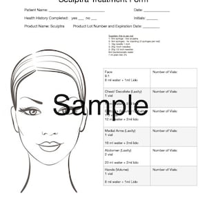 Puede incluir: Un dibujo en blanco y negro de un rostro de mujer con una tabla que enumera diferentes áreas del cuerpo y la cantidad de viales de Sculptra necesarios para cada área. La tabla incluye áreas como la cara, el pecho, los brazos medios, el abdomen, las manos y la cantidad de agua y lidocaína necesaria para cada área.