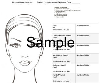May include: A black and white line drawing of a woman's face with a table listing different areas of the body and the number of vials of Sculptra needed for each area. The table includes areas like face, chest, medial arms, abdomen, hands, and the amount of water and lidocaine needed for each area.