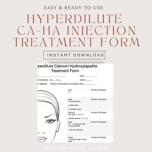 Può includere: Un modulo stampabile per trattamenti di iniezione Hyperdilute CA-HA. Il modulo include sezioni per viso, collo, glutei, braccia e ginocchia, con spazio per registrare il numero di siringhe utilizzate. I testi "EASY & READY TO USE" e "INSTANT DOWNLOAD" sono visibili.
