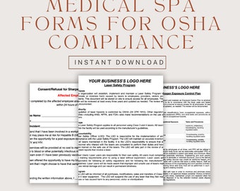 May include: A document with the title "Medical Spa Forms for OSHA Compliance" and the text "Your Business's Logo Here" and "Laser Safety Program" in a white box with a blue border. The document is on a pink background.