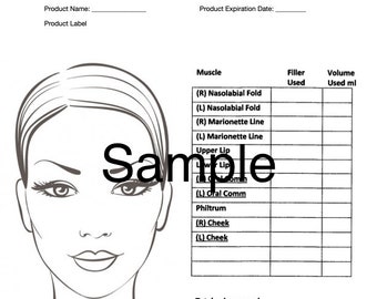 May include: A black and white line drawing of a woman's face with a table listing different facial areas and the amount of dermal filler used in each area. The table includes the following areas: Nasolabial Fold, Marionette Line, Upper Lip, Lower Lip, Oral Commissures, Philtrum, Cheek.