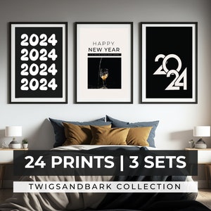 Gelukkig nieuwjaar 2024 printables | 24 PRINTS | nieuwjaarsdecoraties | geen decoraties | geen decor | takjeszandbast | Afdrukbare muurkunst