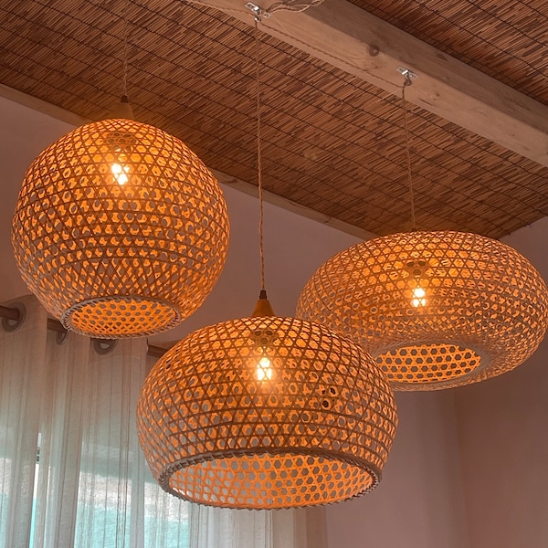 Contemporary Handmade Rattan Dome Pendant Light Modern Open Weave Design