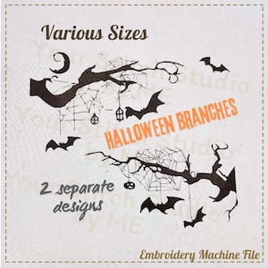 May include: Two embroidery designs featuring Halloween branches with bats, spiderwebs, and lanterns. The text "Halloween Branches" is in orange letters on a white background. The text "Various Sizes" and "2 separate designs" is also included.