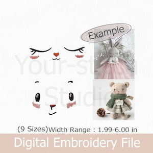 Cute Doll face - Rabbit Face Embroidery -digital file for Embroidery Machine, 9 Sizes (Width size 1.99 - 6.00 in) -Fit 4x4" hoop and more