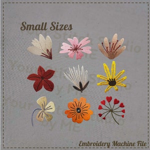 May include: A set of 10 small embroidery designs featuring various flowers, including a red flower, a yellow flower, a white flower, a pink flower, and a green clover. The designs are perfect for adding a touch of floral charm to your embroidery projects.