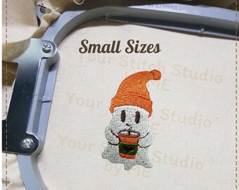 Ghost with Coffee Embroidery Design, Mini Halloween Digital file for Embroidery Machine, 5 Sizes (Height Range 1.50 - 3.50 in)