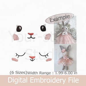 Cute Doll face - Rabbit Face Embroidery -Digital file SET 3 for Embroidery Machine, 6 Sizes (Width size 1.99 - 6.00 in) -Fit 4x4" hoop