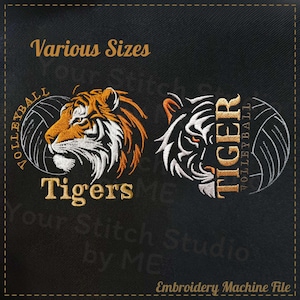 May include: Embroidery design featuring a tiger head with a volleyball and the word "Tigers" in gold lettering. The design is available in various sizes.