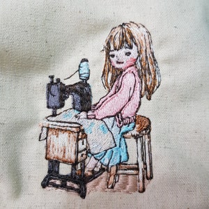 Girl and Sewing Embroidery Design -Seamstress Embroidery -digital file for Embroidery Machine, 2 Sizes (Height 2.60 and 3.50 in)