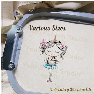 ハッピーバースデー刺繍デザイン - ケーキを持った女の子、刺繍機用デジタルファイル (バージョン 2)、6 サイズ (高さ範囲 3.53-6.00 インチ)