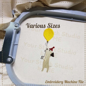 Cute dog Embroidery Design- Dog with balloon digital file for Embroidery Machine, 5 Sizes (Height Range 2.50-4.51 in)