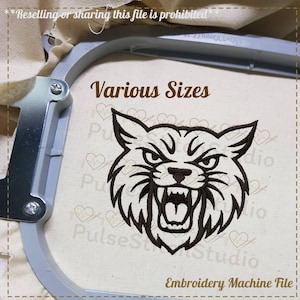 May include: An embroidery machine file featuring a fierce wildcat design with an open mouth and visible teeth. The text "Various Sizes" is displayed above the design. The words "Embroidery Machine File" are at the bottom.