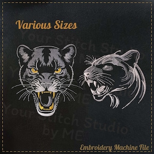 Könnte beinhalten: Zwei schwarze Panther-Stickmotive. Ein Motiv ist eine Nahaufnahme des Panthergesichts mit einem grimmigen Ausdruck. Das andere Motiv ist ein Seitenprofil des Pantherkopfes. Der Text "Various Sizes" und "Embroidery Machine File" wird in goldenen Buchstaben angezeigt.