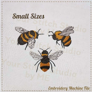 May include: Three small embroidered bumblebees in yellow, black, and white on a white fabric background. The text "Small Sizes" is at the top of the image. The text "Embroidery Machine File" is at the bottom of the image.