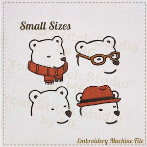 Pode incluir: Um arquivo de máquina de bordar com quatro rostos de ursos de desenho animado. Um urso usa um cachecol cor de ferrugem, outro usa óculos e um terceiro usa um chapéu cor de ferrugem. O texto "Small Sizes" e "Embroidery Machine File" também estão presentes.