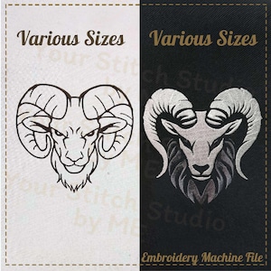 May include: A black and white embroidery design of a ram's head with large horns. The design is shown on a white background and a black background. The text "Various Sizes" appears at the top of the image.