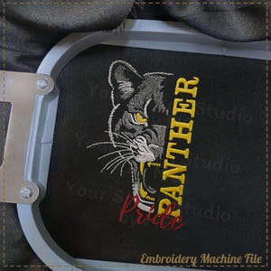 May include: Embroidery machine file design featuring a black panther with yellow eyes and the text "Panther Pride" in yellow and red.