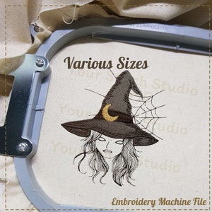 Halloween Witch Embroidery Digital Design file for Embroidery Machine, 6 Sizes (Height Range 3.46 - 8.00 in)