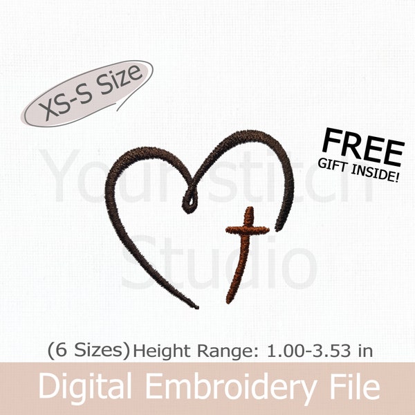 Cross Heart Embroidery -digital file (3 Designs) for Embroidery Machine, 6 Sizes (Height/Width Range 1.00 - 3.53in)