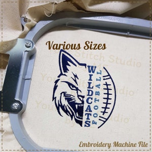 May include: Embroidery machine file design of a blue and white wildcat mascot with the text "Wildcats Football" in a vertical format.