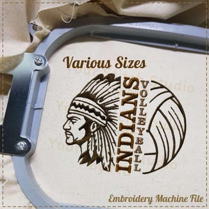 Indians Volleyball Embroidery Design- Mascot School, Embroidery digital file for Embroidery Machine- 5 Sizes (Width range 3.00 to 7.00in)