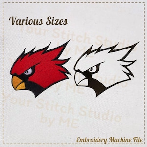 May include: Two embroidered cardinal bird head designs. One is red with a black beak and eye, and the other is a black and white outline. The text "Various Sizes" and "Embroidery Machine File" are also present.
