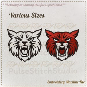 May include: An embroidery machine file featuring two stylized wildcat head designs. One is outlined in black, the other is red. The text "Various Sizes" is above the images. The text "Pulse Stitch Studio" and "Embroidery Machine File" are below the images.