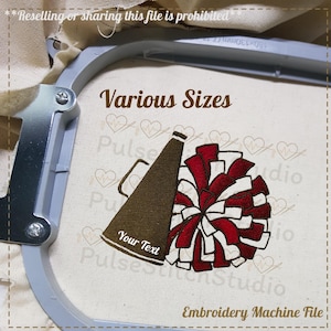 Motif de broderie mégaphone et pompons - Pom-pom girl, fichier numérique de broderie pour machine à broder-5 tailles (largeur de 3,00 à 7,00 po.)