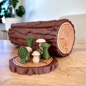Forest Chess Set: Mushroom Pieces, 3D Printed Roll-up Log Board