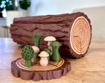 Forest Chess Set: Mushroom Pieces, 3D Printed Roll-up Log Board