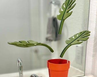 Mirror Monstera Bathroom Countertop Organizer | Floating Toothbrush Holder | Jewelry Organizer | Soap Dish