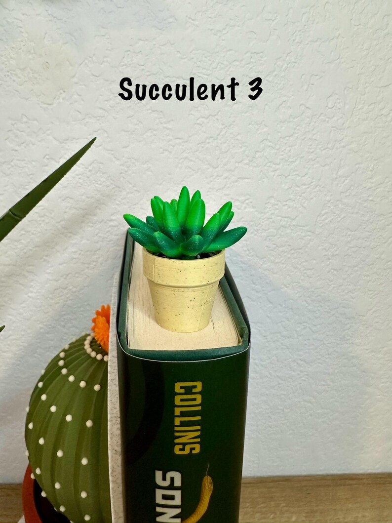 May include: A green succulent plant in a small beige pot, used as a bookmark on a book titled "Collins Sons". The text "Succulent 3" is written above the plant.