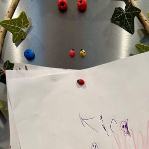 May include: A white sheet of paper with a drawing of two figures with faces and a pink background. There are red and yellow ladybugs and red berries pinned to the paper.