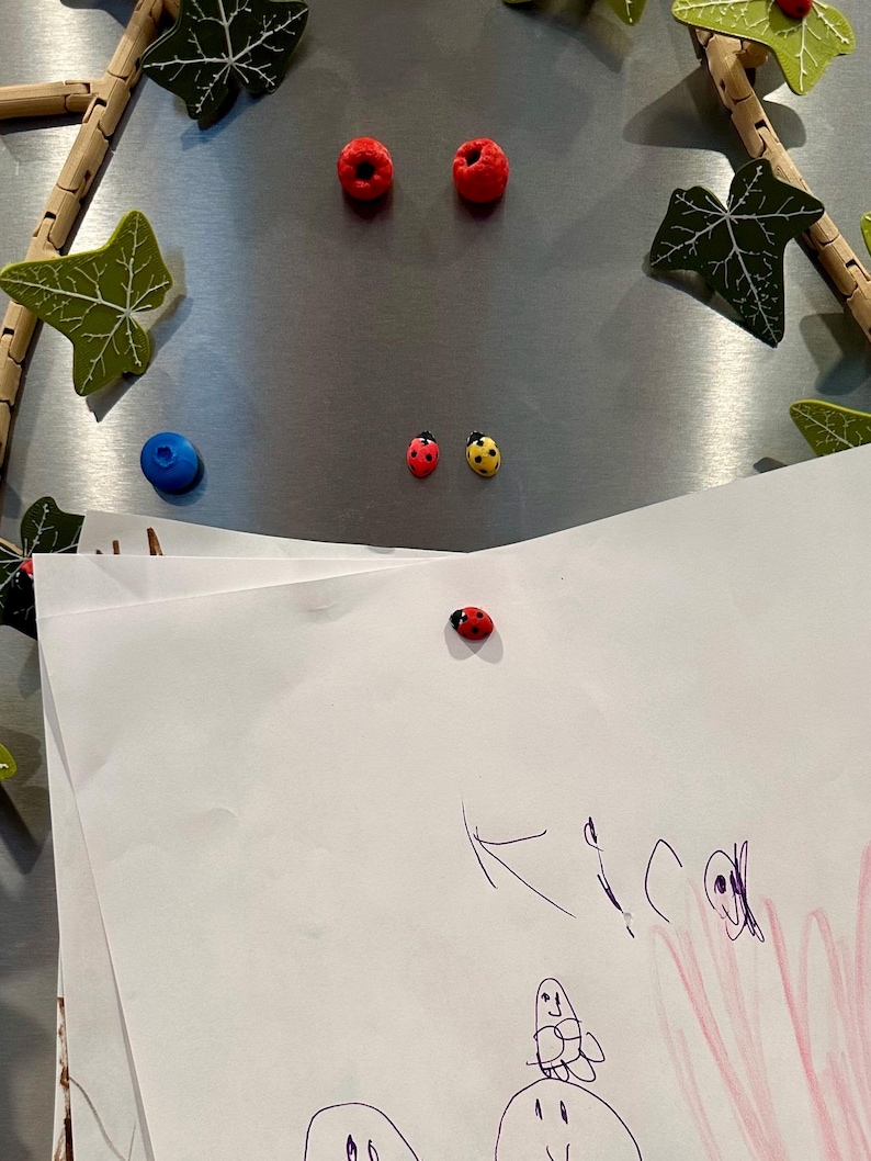 May include: A white sheet of paper with a drawing of two figures with faces and a pink background. There are red and yellow ladybugs and red berries pinned to the paper.